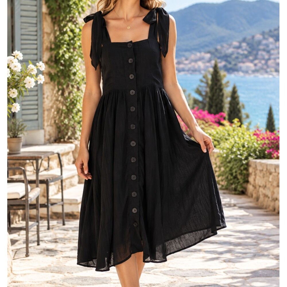 Free People Lou Lou Utility Midi Dress Buttondown Resort Solid Black XS 264398